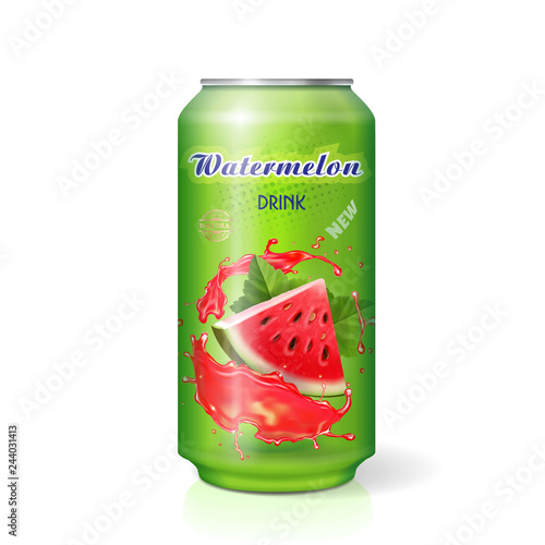 Watermelon drink metal tin can. Vector realistic illustration