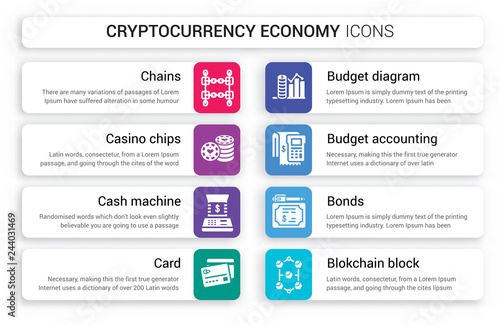 Set of 8 white cryptocurrency economy icons such as Chains, Casino chips, Cash machine, Card, budget diagram, accounting isolated on colorful background
