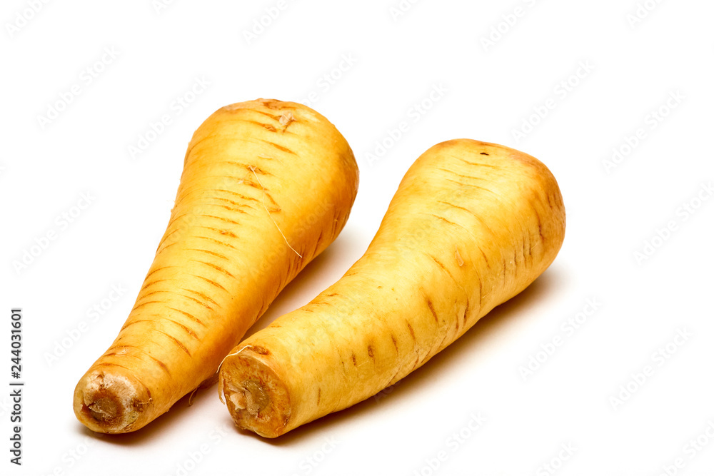 Raw parsnips isolated on a white background Raw parsnips isolated on a white background
