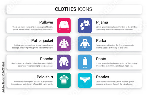 Set of 8 white clothes icons such as Pullover, puffer jacket, Poncho, Polo Shirt, Pijama, Parka isolated on colorful background