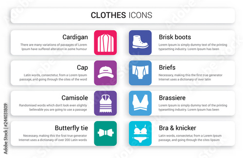 Set of 8 white clothes icons such as Cardigan, Cap, Camisole, butterfly tie, brisk boots, briefs isolated on colorful background
