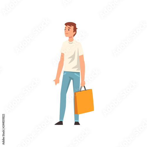 Young man standing with shopping bag, guy purchasing of goods or gifts vector Illustration