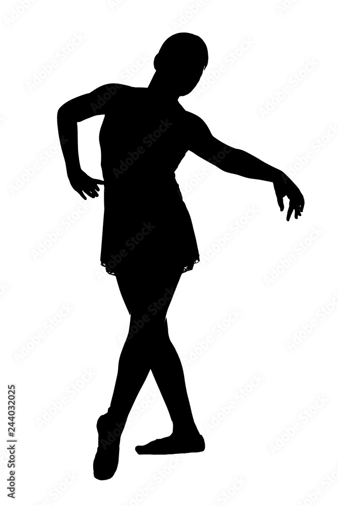 JPG black silhouette of young teen female on white background in various classical and contemporary ballet poses - pre pointe in ballet slippers and ribbons, arms up or down.