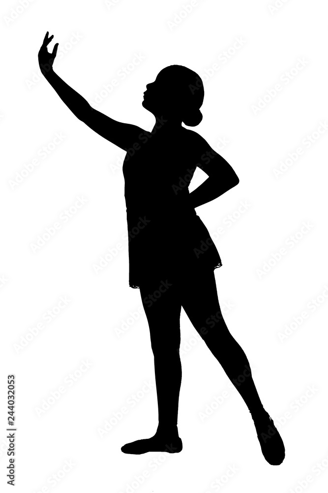 JPG black silhouette of young teen female on white background in various classical and contemporary ballet poses - pre pointe in ballet slippers and ribbons, arms up or down.