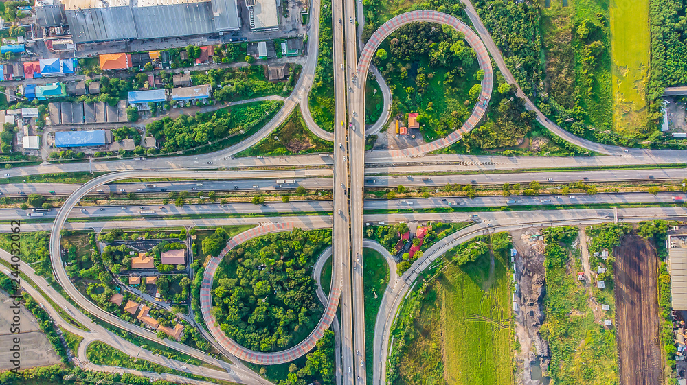 Aerial view Expressway motorway highway circus intersection at Day time Top view , Bangkok, Thailand.