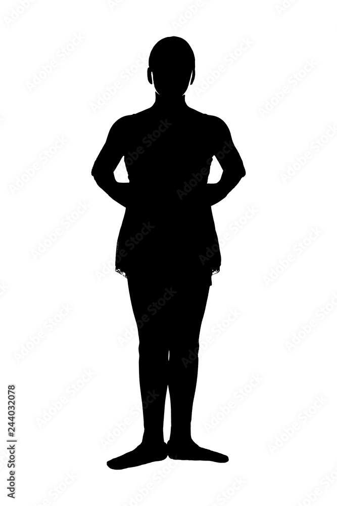 JPG of young teen female ballet dancer in RAD ballet poses black silhouette on white background; First 1st position from teacher's perspective