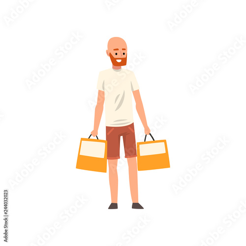 Bald bearded man standing with shopping bags, guy purchasing of goods or gifts vector Illustration