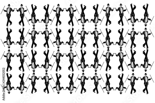 male magician in a tuxedo wearing a bowler hat dancing