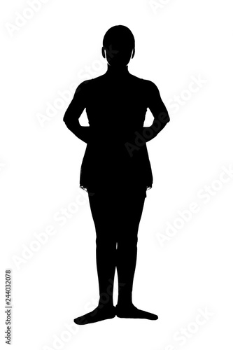 JPG of young teen female ballet dancer in RAD ballet poses black silhouette on white background; First 1st position from teacher's perspective