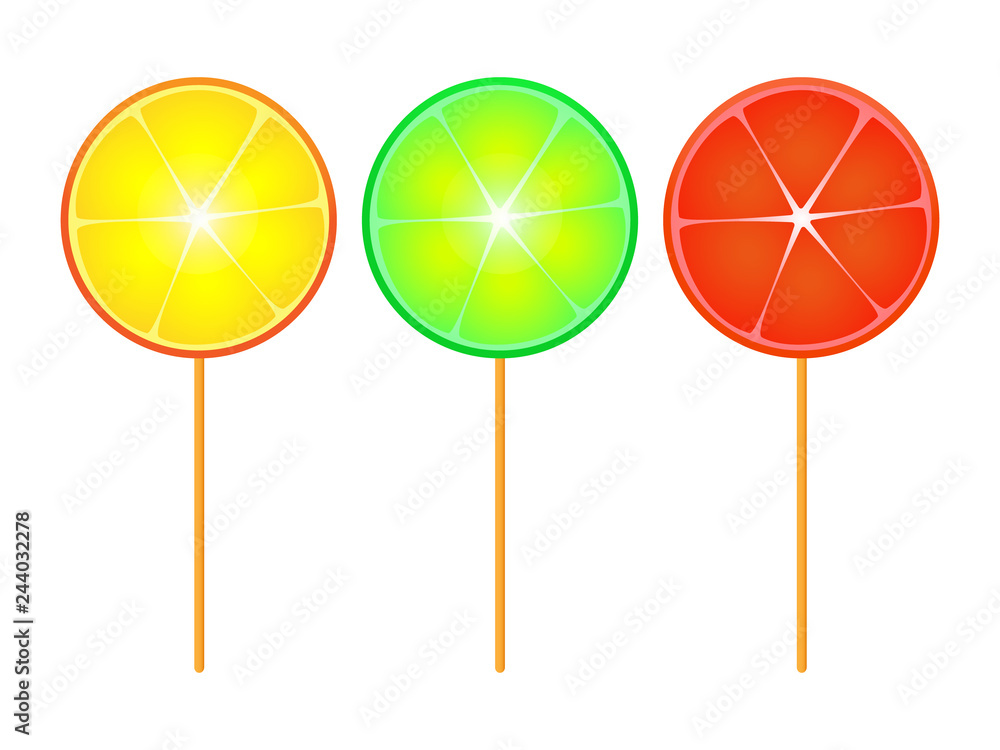 A wonderful simple design of citrus candy on a stick on a white background A wonderful simple design of citrus candy on a stick on a white background
