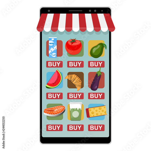 Buying food online on the screen of a smartphone