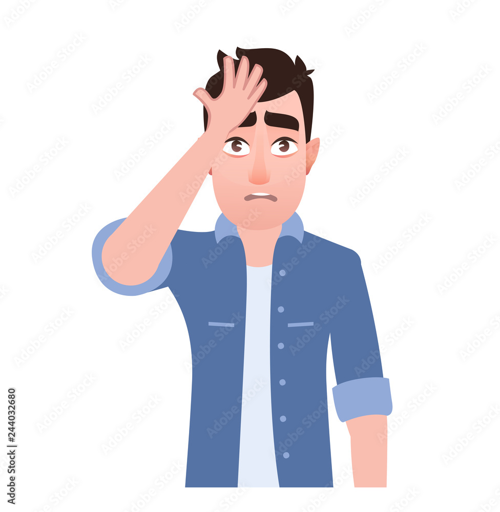 Man surprised head for mistake, remember error. Bad memory, forgot. Isolated character. Emotion and body gestures language illustration in cartoon style - Vector Man surprised head for mistake, remember error. Bad memory, forgot. Isolated character. Emotion and body gestures language illustration in cartoon style - Vector