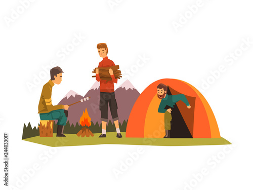 People camping, tourists sitting near bonfire, roasting marshmallows, outdoor adventures travel, backpacking trip or expedition vector Illustration
