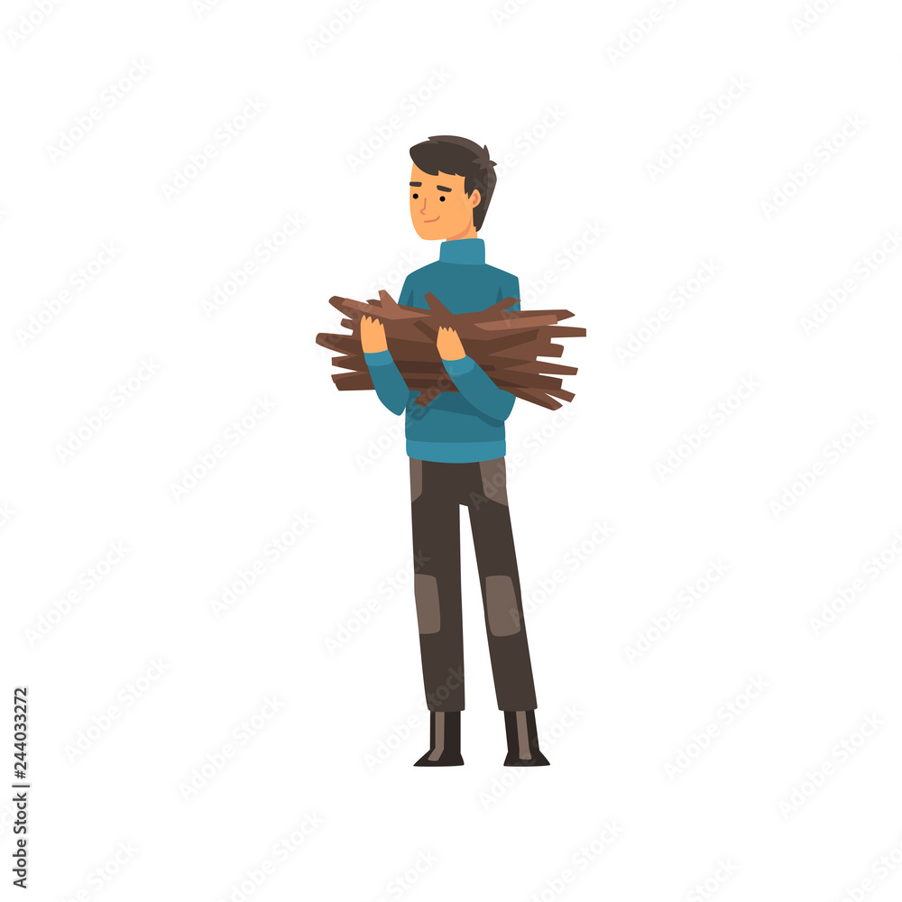 Man with a bundle of firewood, camping, outdoor adventures travel, backpacking trip or expedition vector Illustration Man with a bundle of firewood, camping, outdoor adventures travel, backpacking trip or expedition vector Illustration