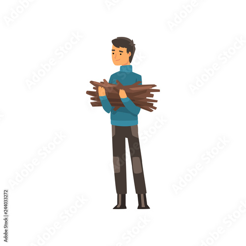Man with a bundle of firewood, camping, outdoor adventures travel, backpacking trip or expedition vector Illustration