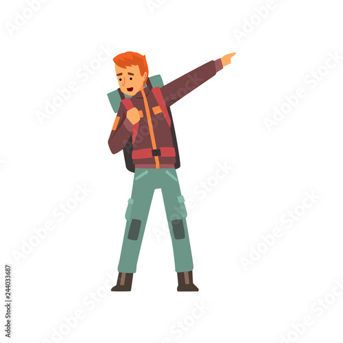 Man with backpack pointing with his finger, outdoor adventures, travel, camping, backpacking trip or expedition vector Illustration