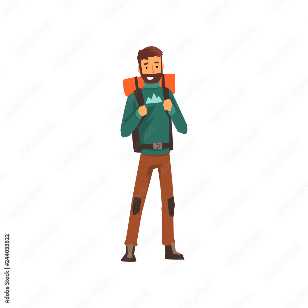 Smiling bearded man with backpack, outdoor adventures, travel, camping, backpacking trip or expedition vector Illustration