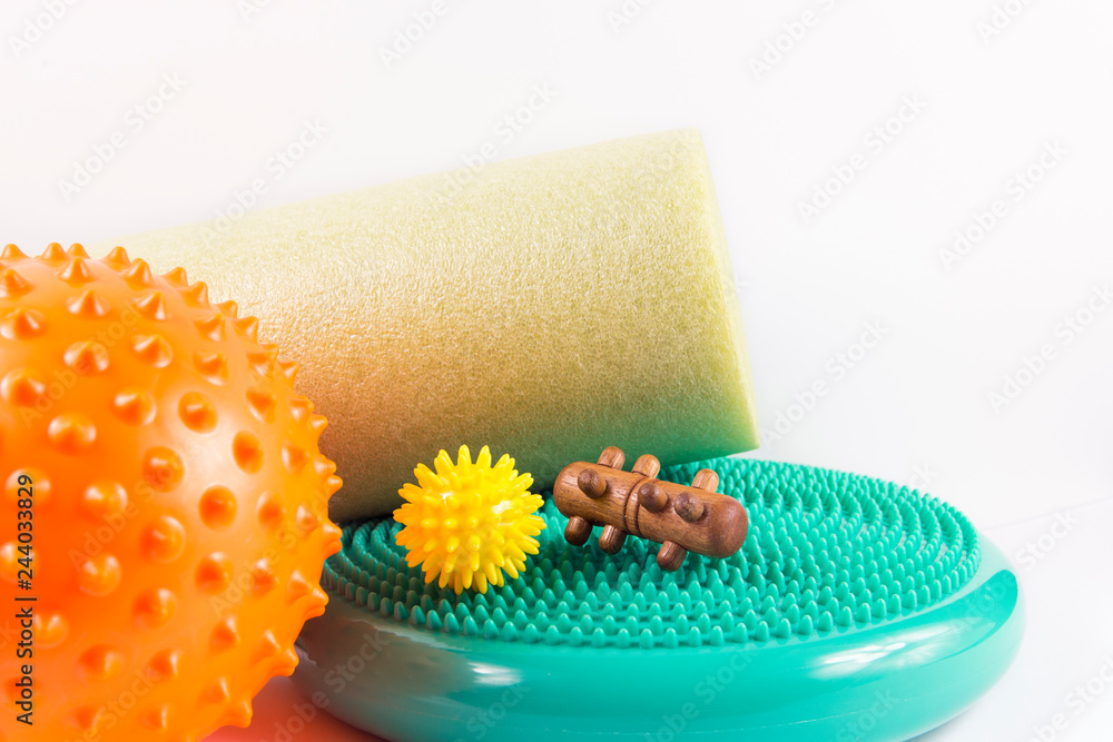 Massage yourself, composition of different tools isolated on white