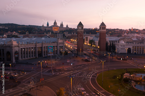 Plaça Espanya (Spain Square) the venetian towers and Monntjuic at Barcelona, Catalunya.