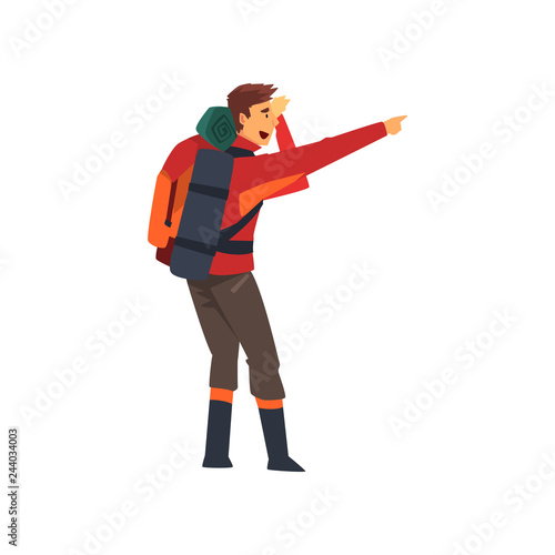 Man with backpack pointing with his finger, hiking adventures travel, camping, backpacking trip or expedition vector Illustration