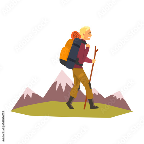 Man walking with backpack and stuff, summer mountain landscape, outdoor adventures, travel, camping, backpacking trip or expedition vector Illustration