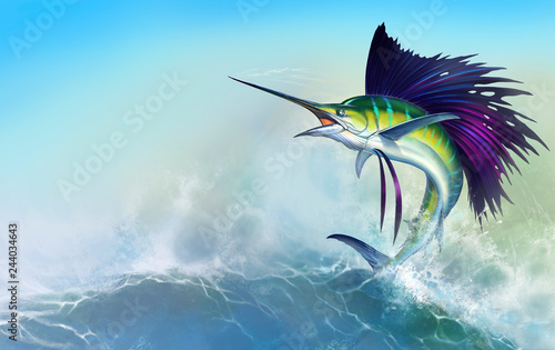Sailfish fish on white. Striped big marlin. Sports fishing in the open sea. against the backdrop of the waves
