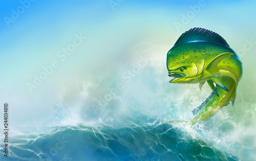 Mahi mahi or dolphin fish on background. Big fish on the background of large waves. photo