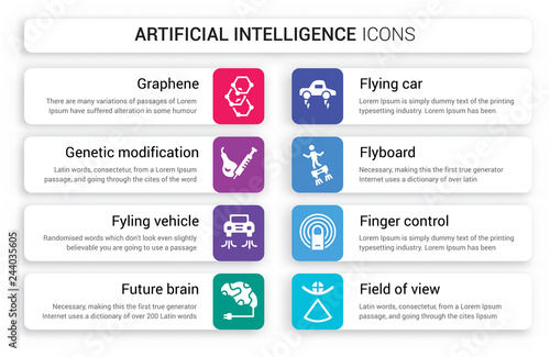 Set of 8 white artificial intelligence icons such as Graphene, Genetic modification, fyling Vehicle, future Brain, Flying car, Flyboard isolated on colorful background
