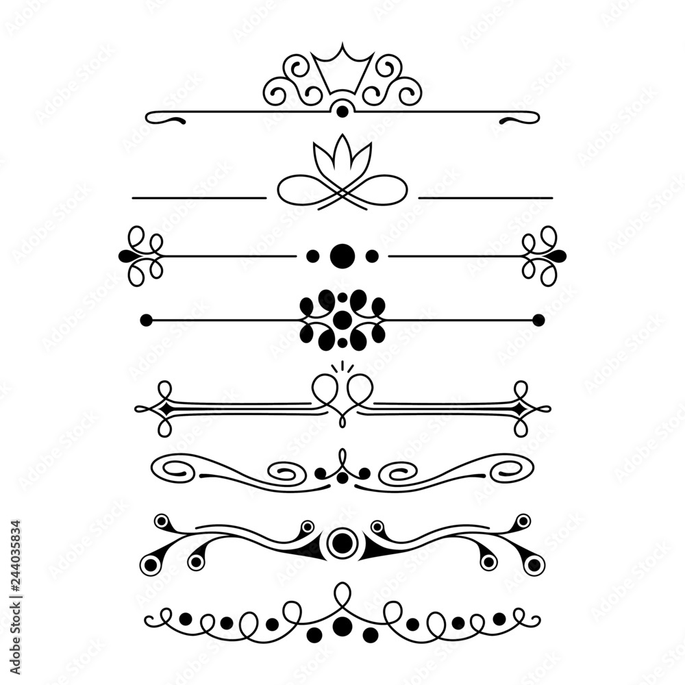 Vector set of calligraphic and  graphic design elements (text divider, pattern, monogram, curlicues, flower) for page decoration, Greeting Cards (wedding, Valentine's day, birthday, holidays)