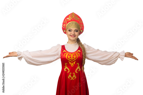 Beautiful smiling caucasian girl in russian folk costume isolated on white