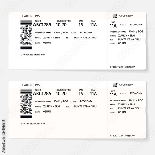 Realistic airline ticket or boarding pass design with unreal flight time and passenger name. Vector illustration of pattern of a boarding pass