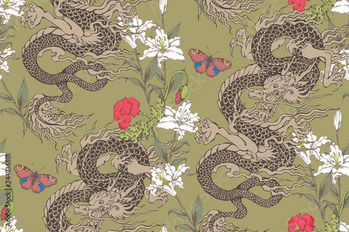 Canvas Print Pattern of asian dragon and flowers