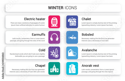 Set of 8 white winter icons such as Electric heater, Earmuffs, Cold, Chapel, Chalet, Bobsled isolated on colorful background