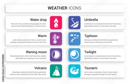 Set of 8 white weather icons such as Water drop, Warm, Waning moon, Volcano, Umbrella, typhoon isolated on colorful background