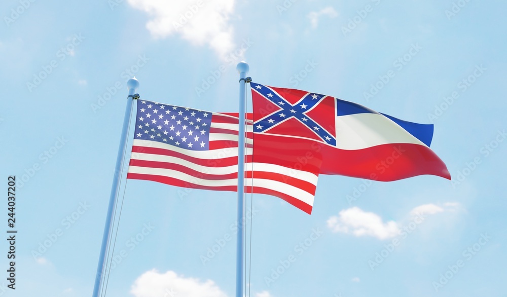 USA and state Mississippi, two flags waving against blue sky. 3d image