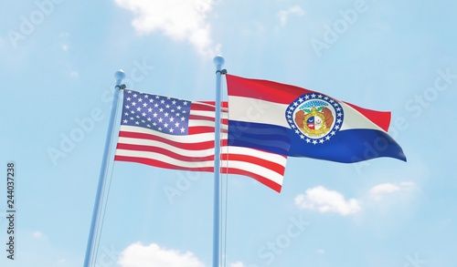 USA and state Missouri, two flags waving against blue sky. 3d image