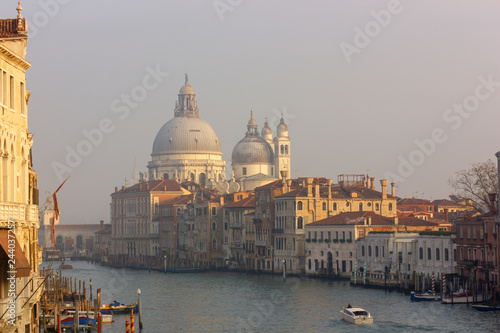 View to the Grand Canal and Basilica di Santa Maria della Salute from the Ponte dell'Accademia in Venice, Italy