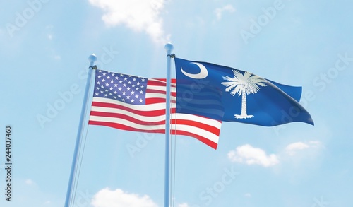 USA and state South Carolina, two flags waving against blue sky. 3d image