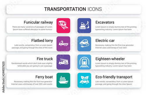 Set of 8 white transportation icons such as funicular railway, flatbed lorry, Fire truck, Ferry boat, Excavators, Electric car isolated on colorful background