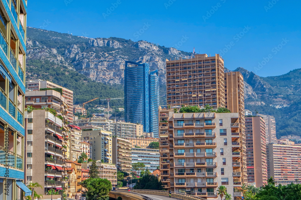 The road throught high cityscape, business and corporate buildings, Principality of Monaco