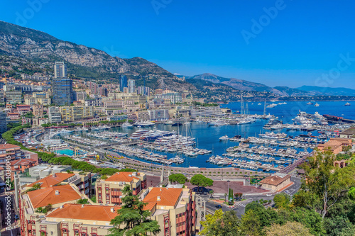 Obraz na płótnie Panoramic view on residential buildings and marina in Monte Carlo. Principality of Monaco w salonie