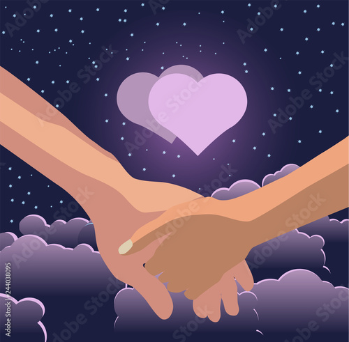 Male and female hand hold together against the background of the sky with clouds and a moon in the form of a heart. Vector illustration.