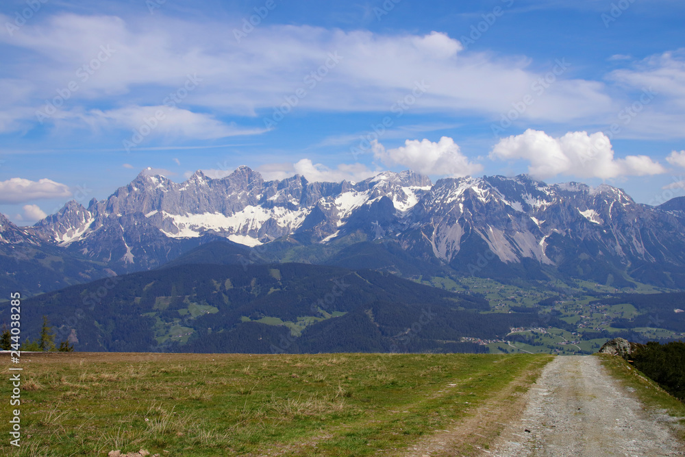 View from summit of mountain Gasselhoehe to mountain range Dachstein in Styria - Austria