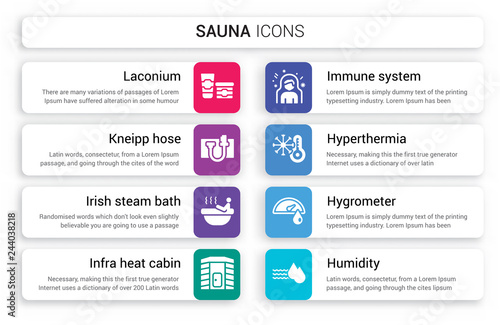 Set of 8 white sauna icons such as Laconium, Kneipp hose, Irish steam bath, Infra heat cabin, Immune system, Hyperthermia isolated on colorful background