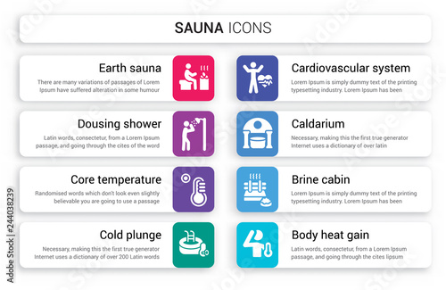 Set of 8 white sauna icons such as Earth sauna, Dousing Shower, Core temperature, Cold Plunge, Cardiovascular system, Caldarium isolated on colorful background
