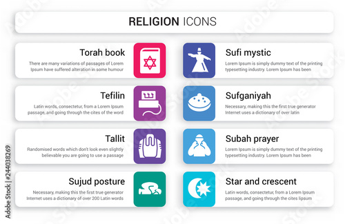 Set of 8 white religion icons such as Torah Book, Tefilin, Tallit, Sujud Posture, Sufi Mystic, Sufganiyah isolated on colorful background