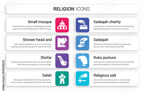 Set of 8 white religion icons such as Small Mosque, Shower Head and Water, Shofar, Salah, Sadaqah Charity, isolated on colorful background