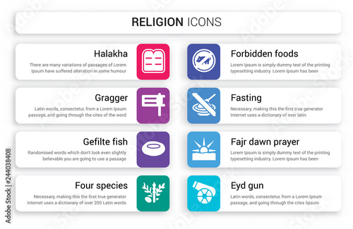 Set of 8 white religion icons such as Halakha, Gragger, Gefilte Fish, Four Species, Forbidden Foods, Fasting isolated on colorful background