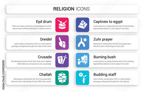 Set of 8 white religion icons such as Eyd Drum, Dreidel, Crusade, Challah, Captives to Egypt, Zuhr Prayer isolated on colorful background