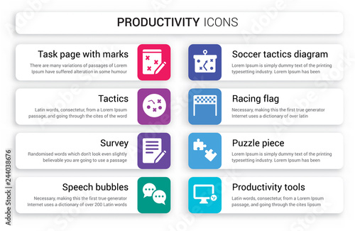 Set of 8 white productivity icons such as Task page with marks, Tactics, Survey, Speech bubbles, Soccer tactics diagram, Racing flag isolated on colorful background
